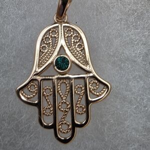 Beautiful Gold Plated Hamsa With Green Stone
